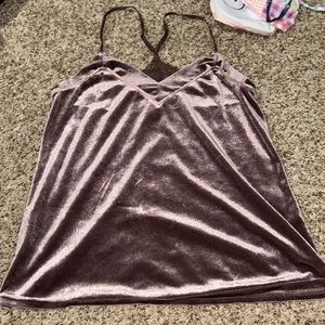purple velvet tank top with spaghetti straps and a lace back